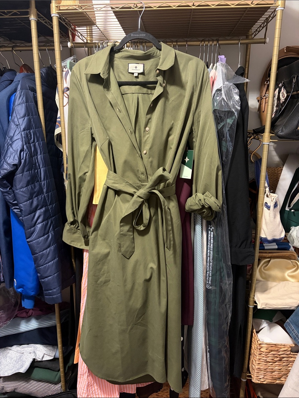 Tuckernuck Olive Green Tie-Waist Shirt Dress